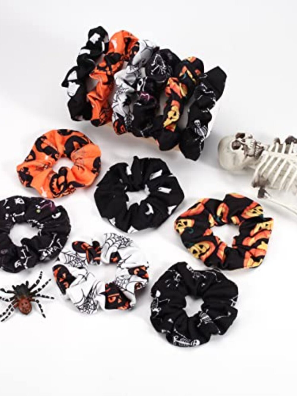12PCS Halloween Hair Scrunchies Soft Fall Pumpkin Skull Ghosts Bat Spider Web
